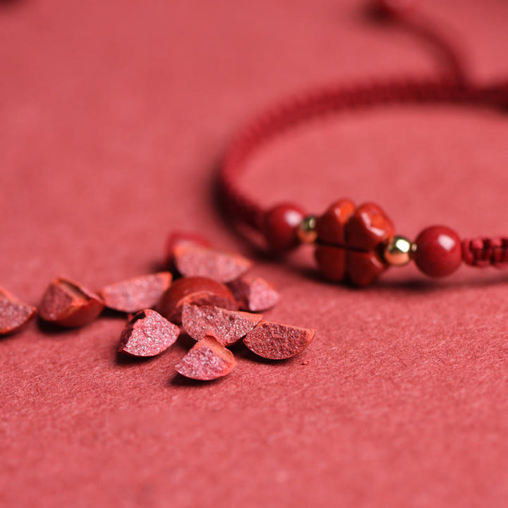 Red Cinnabar Lucky Four Leaf Clover Bracelet