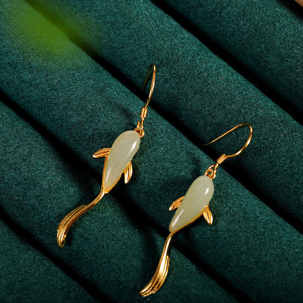 Light Green Jade Koi Fish Earrings - Good Luck