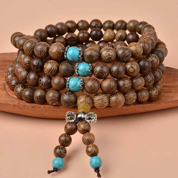 108 Large Wooden Beads Bracelet -  for Men Women Blue Turquoise